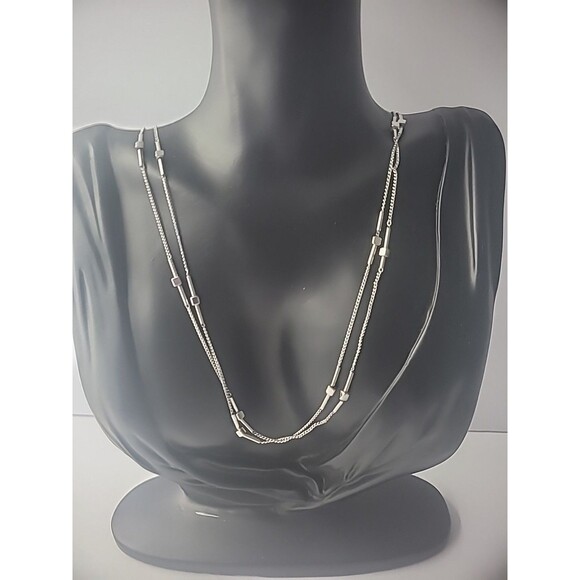 Vintage Necklace Silver Tone Double Strand Chain Bead Bar Jewelry Costume - Picture 3 of 12